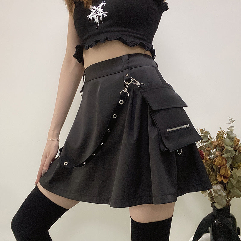 Black Pockets High Waist Zipper Pleated Gothic Punk Streetwear Casual Cargo Skirt Festival Fashion