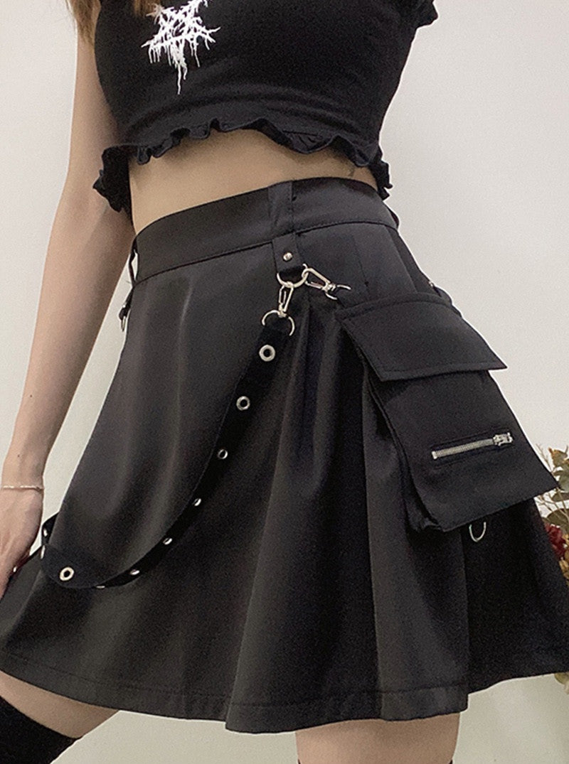 Black Pockets High Waist Zipper Pleated Gothic Punk Streetwear Casual Cargo Skirt Festival Fashion