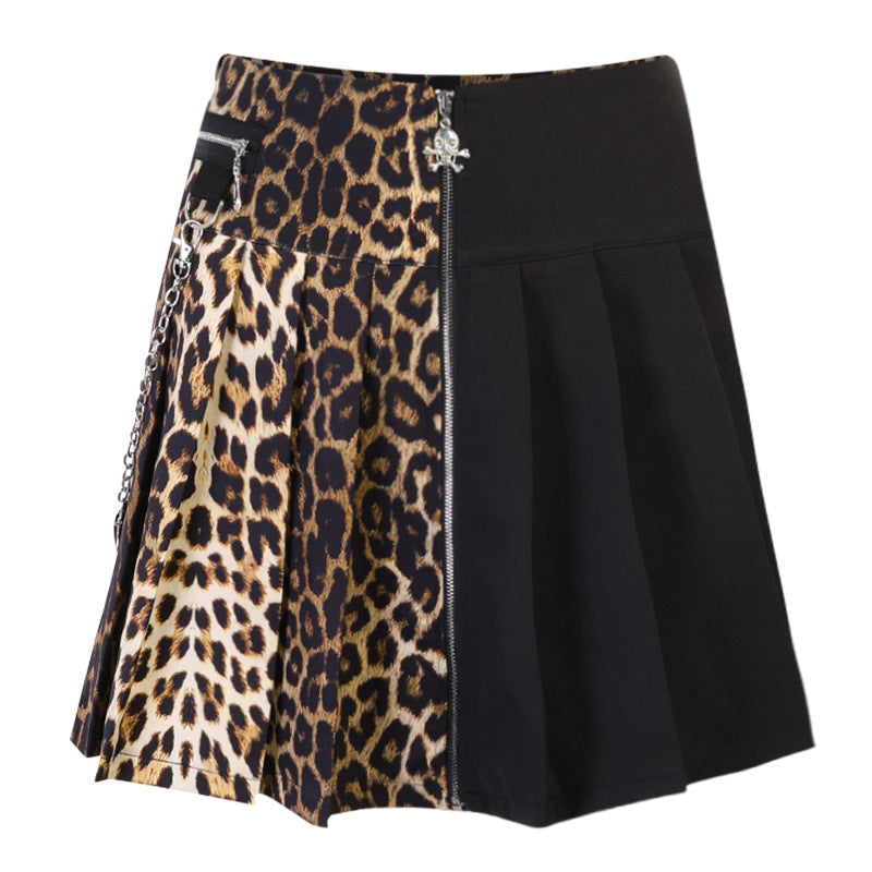 InstaHot Sexy Pleated Leopard Gothic Streetwear Fashion High Waist Strap A-Line Color Block Casual Skirt