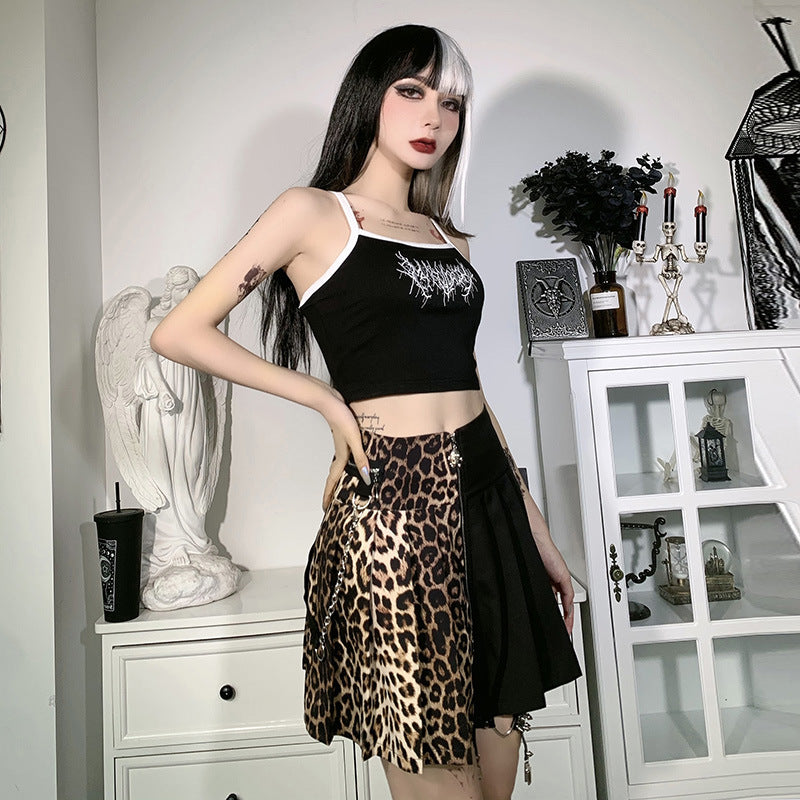 InstaHot Sexy Pleated Leopard Gothic Streetwear Fashion High Waist Strap A-Line Color Block Casual Skirt