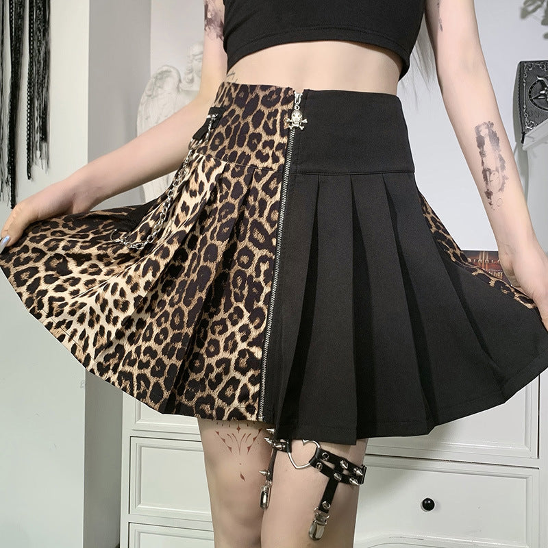 InstaHot Sexy Pleated Leopard Gothic Streetwear Fashion High Waist Strap A-Line Color Block Casual Skirt