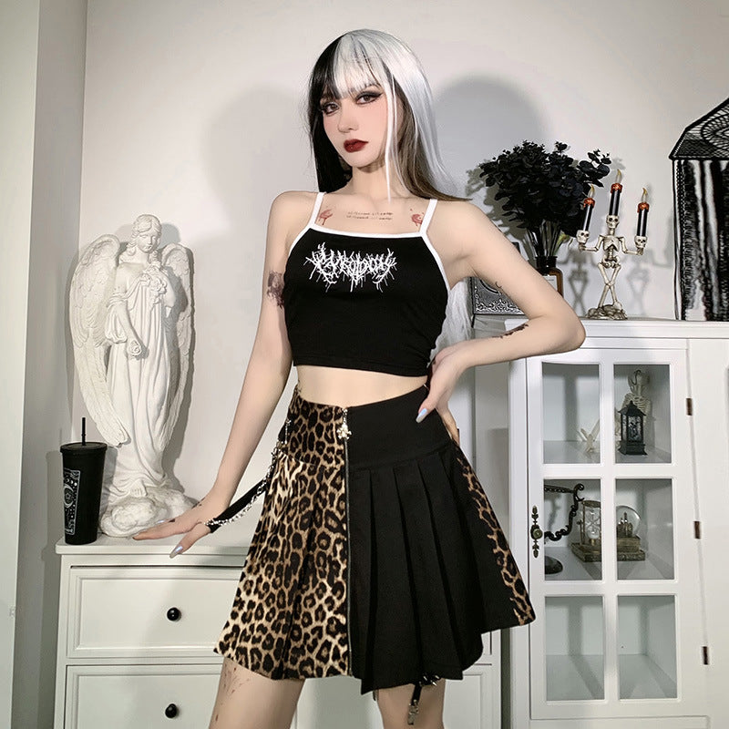 InstaHot Sexy Pleated Leopard Gothic Streetwear Fashion High Waist Strap A-Line Color Block Casual Skirt