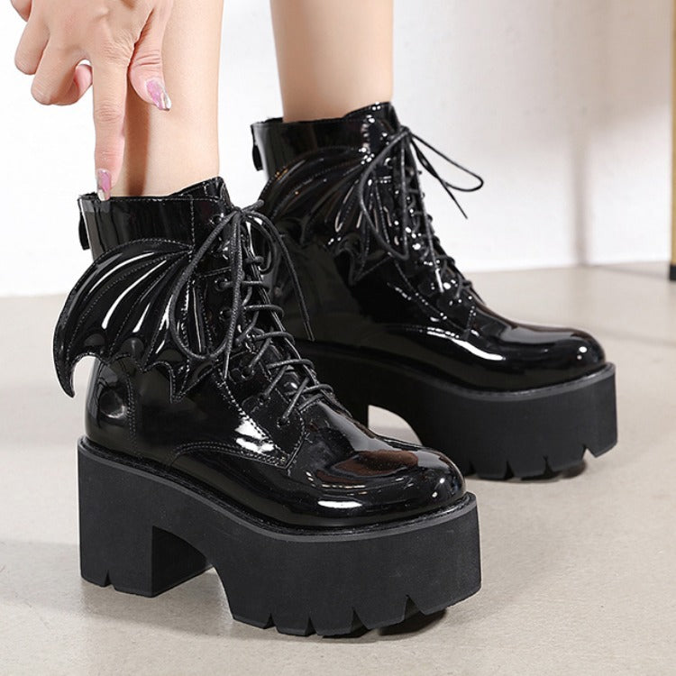 Goth Ankle High Heels Patent Leather Batwing Platform Boots