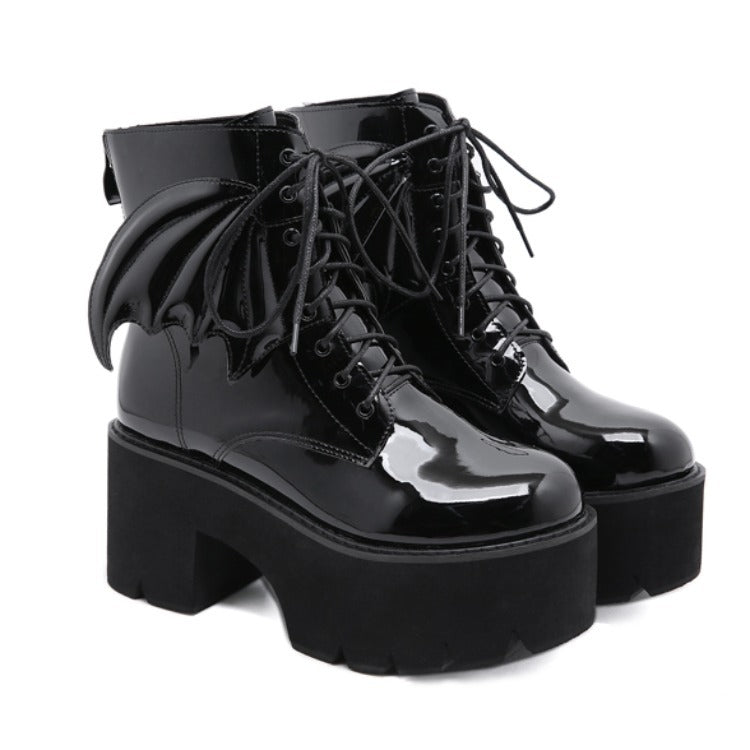 Goth Ankle High Heels Patent Leather Batwing Platform Boots