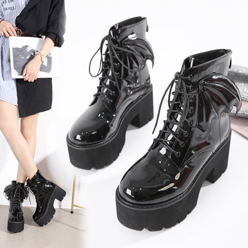 Goth Ankle High Heels Patent Leather Batwing Platform Boots