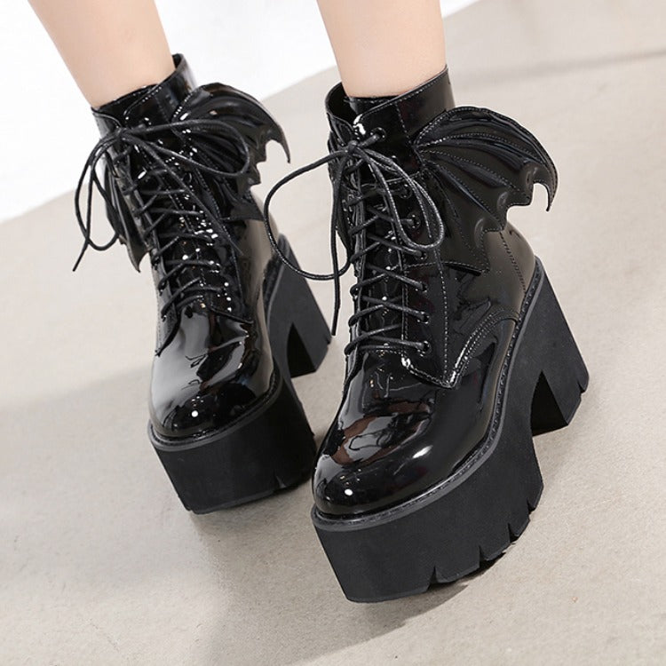 Goth Ankle High Heels Patent Leather Batwing Platform Boots