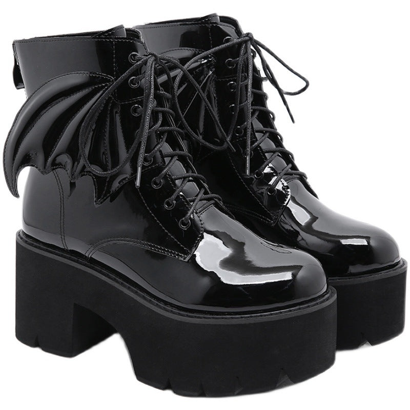 Goth Ankle High Heels Patent Leather Batwing Platform Boots