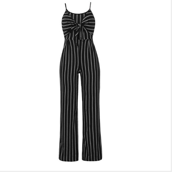 Pinstriped Bow Front Spaghetti Strap Simple Style Jumpsuit