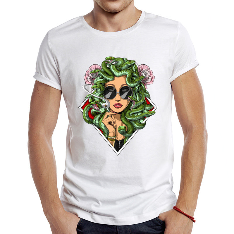 Medusa Art Popular Casual Round Neck Short Sleeved Graphic Print Tee Shirt