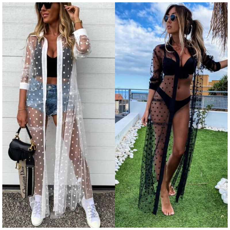 Long Mesh Polka Dot Cover Up Cardigan For Swimwear Or Festival Fashion