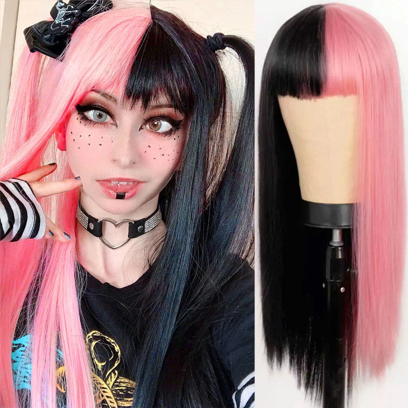 Long Straight Hair Yin Yang Gradient Black Powder Color Long Hair Chemical Fiber Cosplay Wig