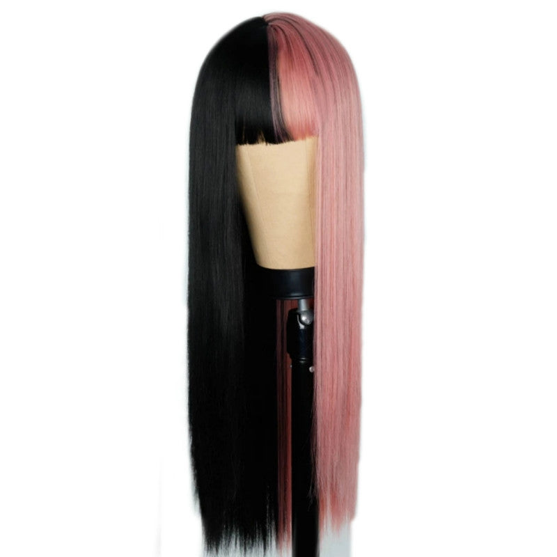 Long Straight Hair Yin Yang Gradient Black Powder Color Long Hair Chemical Fiber Cosplay Wig