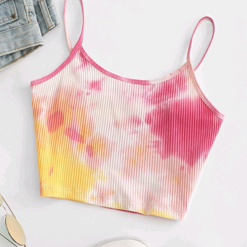 Ribbed Tie Dye Crop Camisole Spaghetti Strap Tank Top