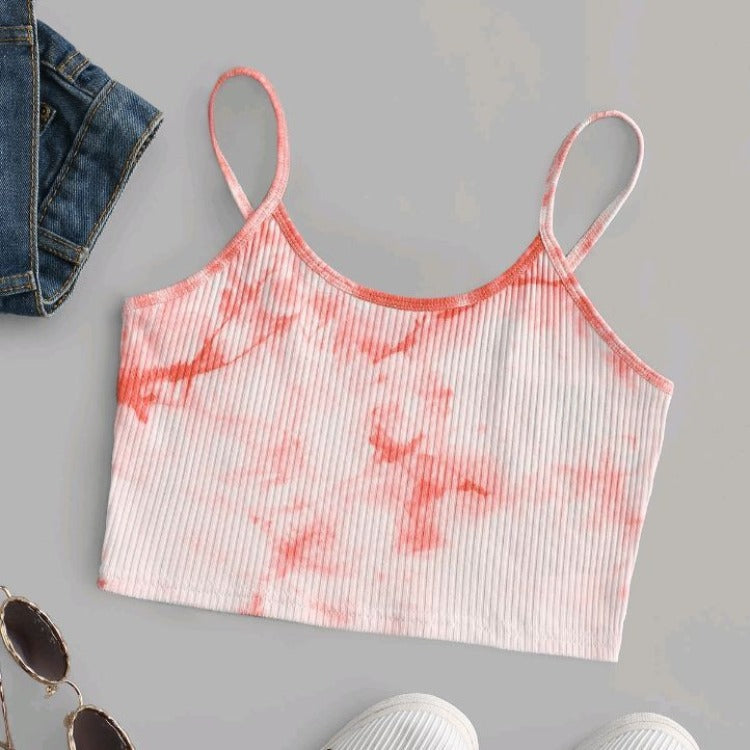 Ribbed Tie Dye Crop Camisole Spaghetti Strap Tank Top