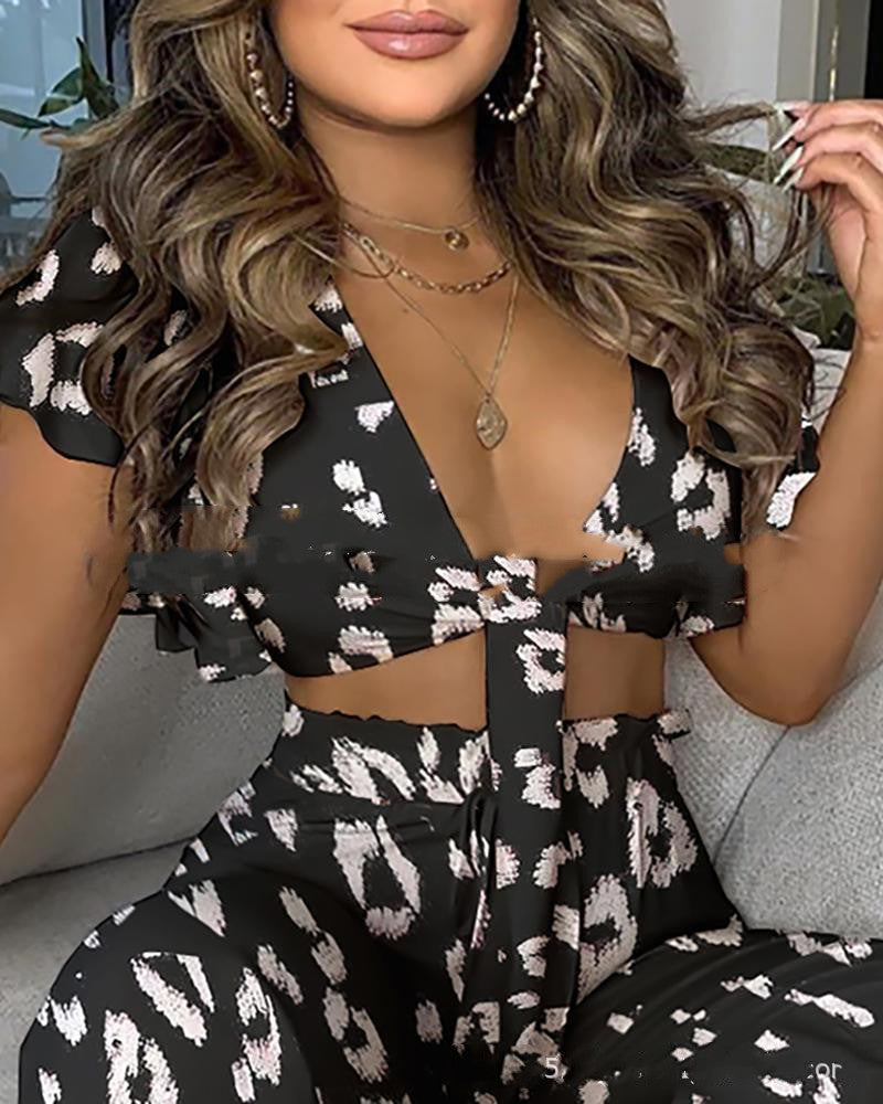 Printed Ruffled Flutter Sleeve Tie Front Crop Top And Elastic Waist Pants Two Piece Outfit Set