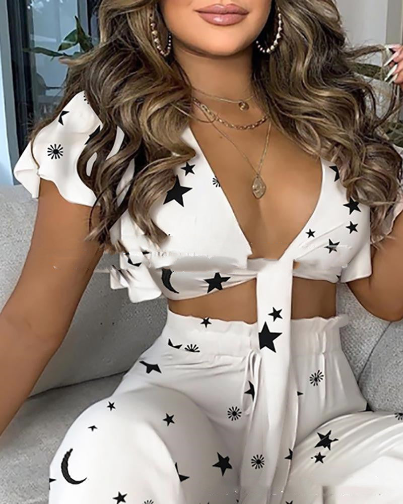 Printed Ruffled Flutter Sleeve Tie Front Crop Top And Elastic Waist Pants Two Piece Outfit Set