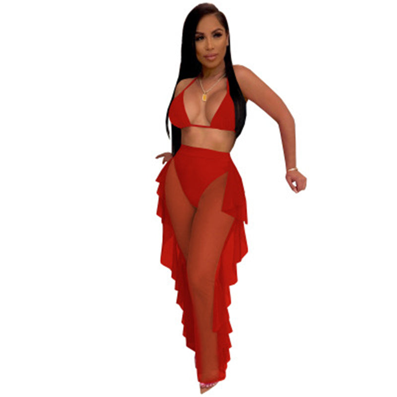 Sexy Bikini Style Sheer Side Ruffle Pants Set Festival Fashion Nightclub Outfit Set