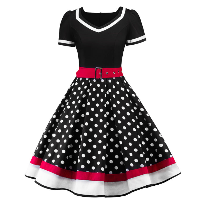 Polka Dot Red and White Trimmed Retro Swing Dress