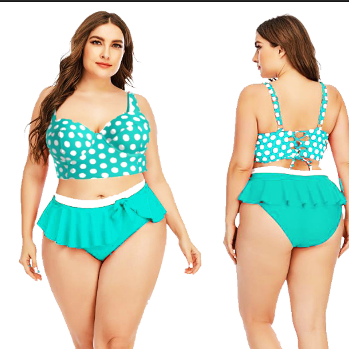 Plus Size Polka Dot Bop Women’s Swimwear Push Up Top Ruffle High Waisted Bottom Bikini Set