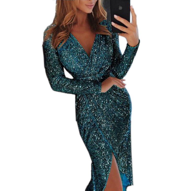 Women’s V Neck Wrap Style Sequins Bodycon Long Sleeve Sparkle And Bling Cocktail Dress