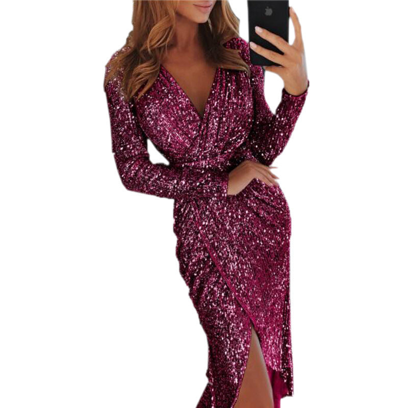 Women’s V Neck Wrap Style Sequins Bodycon Long Sleeve Sparkle And Bling Cocktail Dress