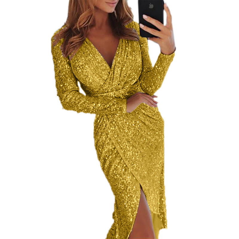 Women’s V Neck Wrap Style Sequins Bodycon Long Sleeve Sparkle And Bling Cocktail Dress