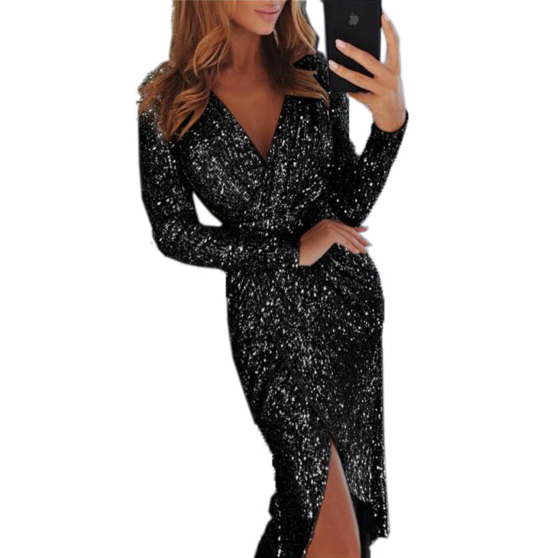 Women’s V Neck Wrap Style Sequins Bodycon Long Sleeve Sparkle And Bling Cocktail Dress