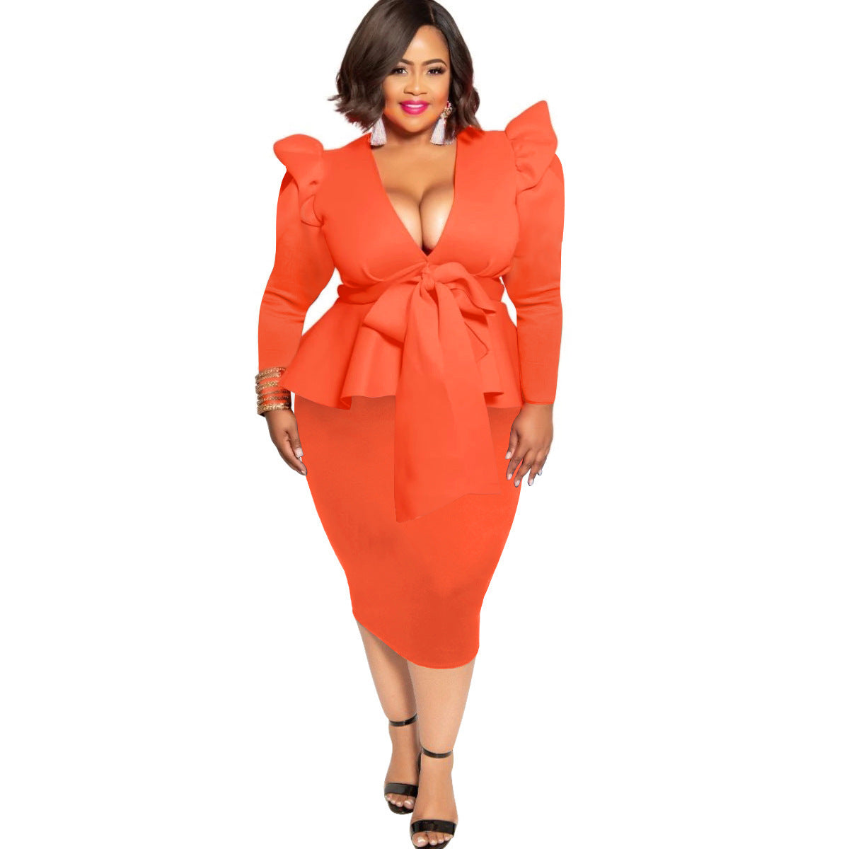 Plus Size Women's V Neck Bowknot Long Sleeve Peplum Waist Puffed Shoulder Dress