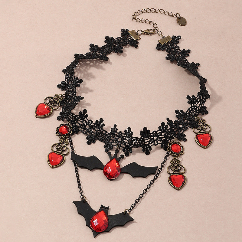 Red Batty For You Lace Choker Necklace For Women Black Layered Necklace