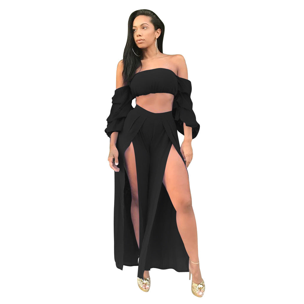 Sexy Bandana Sleeved Top With Double Slit Maxi Skirt Sexy Nightclub Festival Fashion Two Piece Outfit Set