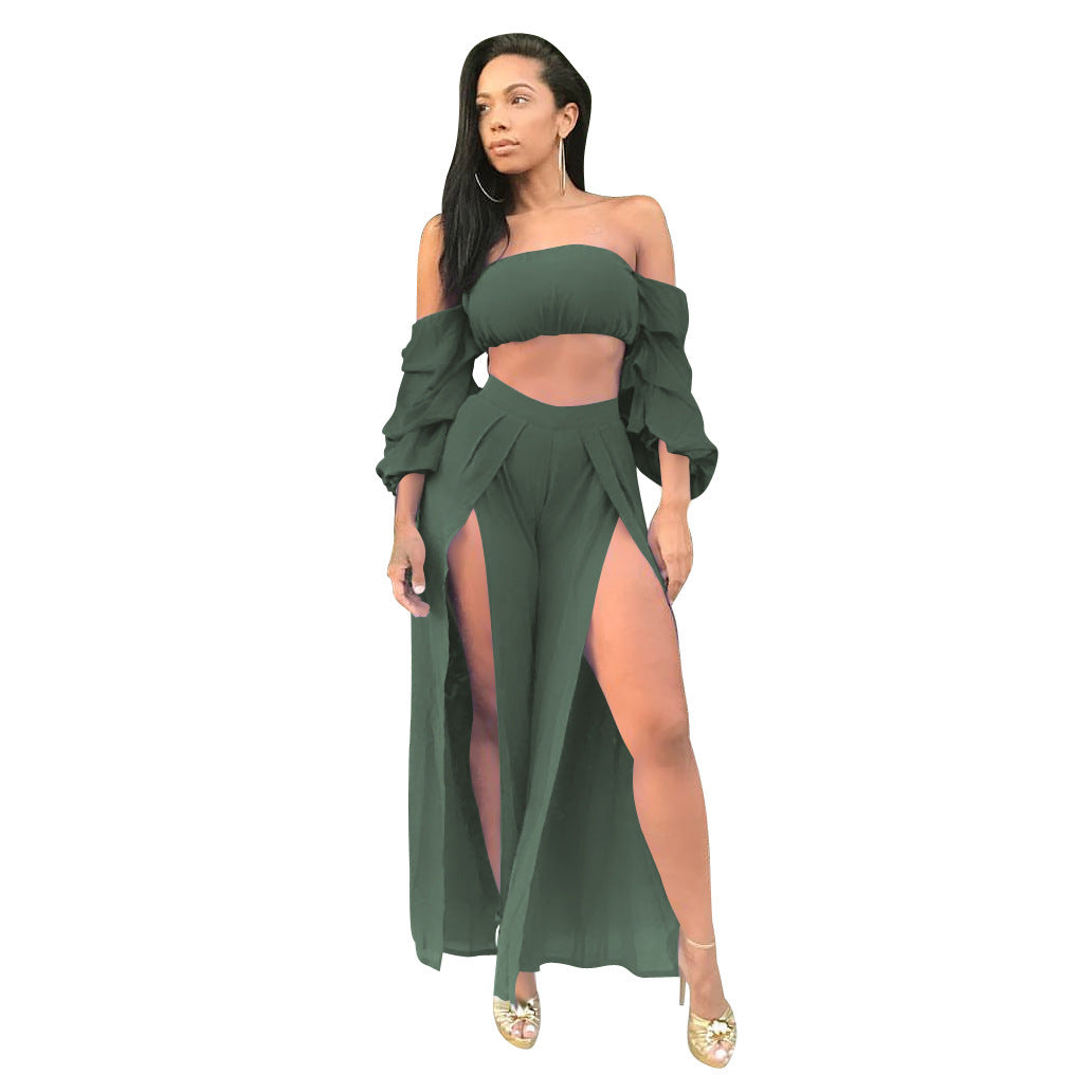 Sexy Bandana Sleeved Top With Double Slit Maxi Skirt Sexy Nightclub Festival Fashion Two Piece Outfit Set