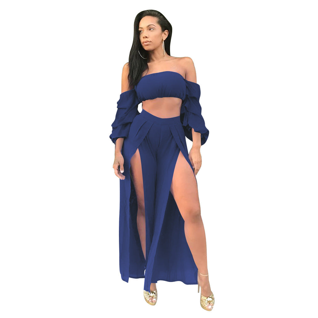 Sexy Bandana Sleeved Top With Double Slit Maxi Skirt Sexy Nightclub Festival Fashion Two Piece Outfit Set