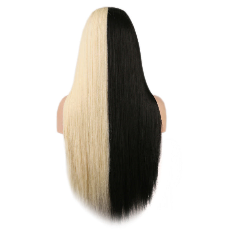 Black And White Two-tone Long Straight Hair High Temperature Silk Machine Wig