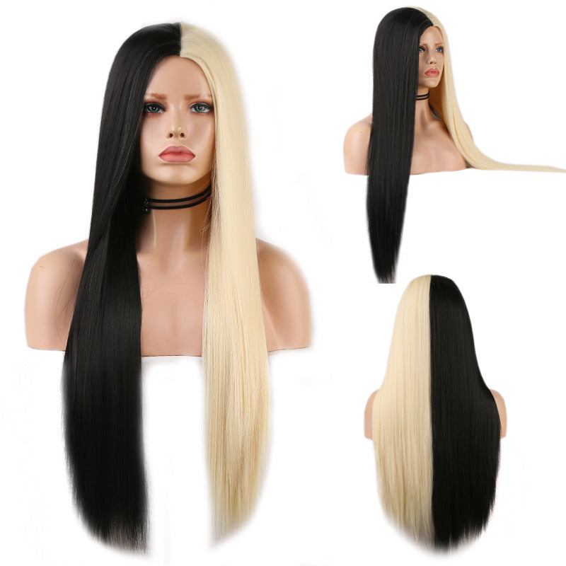 Black And White Two-tone Long Straight Hair High Temperature Silk Machine Wig