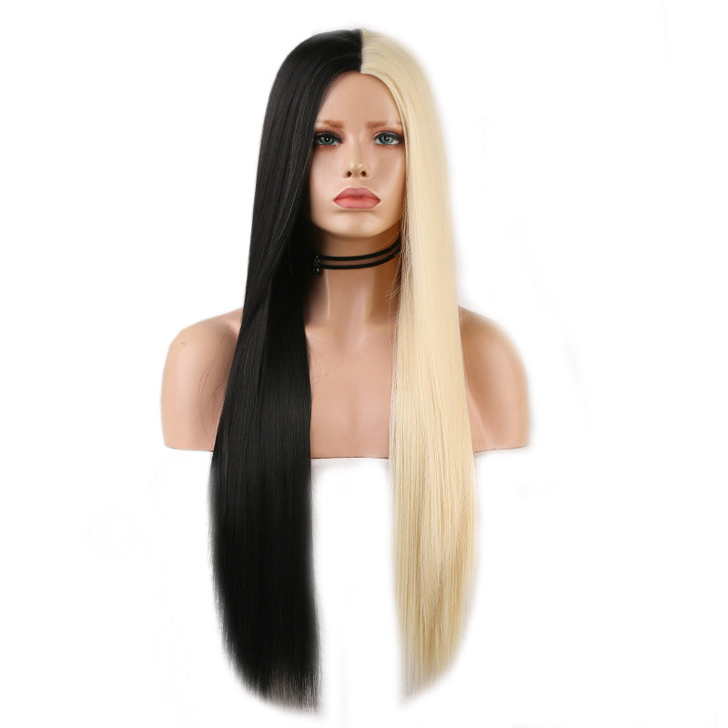 Black And White Two-tone Long Straight Hair High Temperature Silk Machine Wig