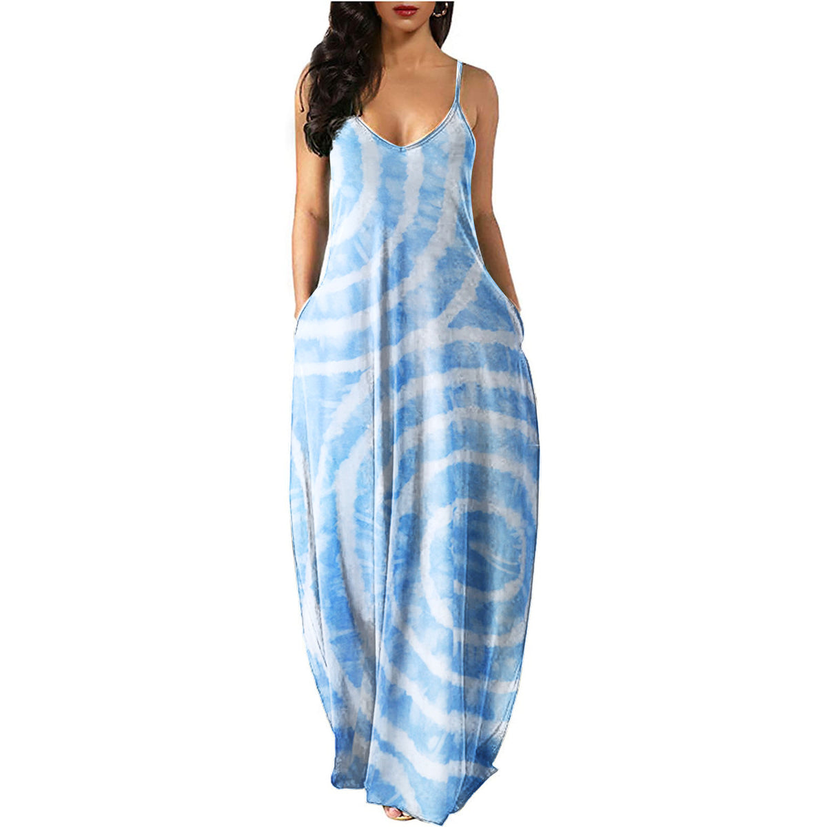 Swirly Circle Print Simple Flowy Bohemian Spaghetti Strap Maxi Dress With Pockets.