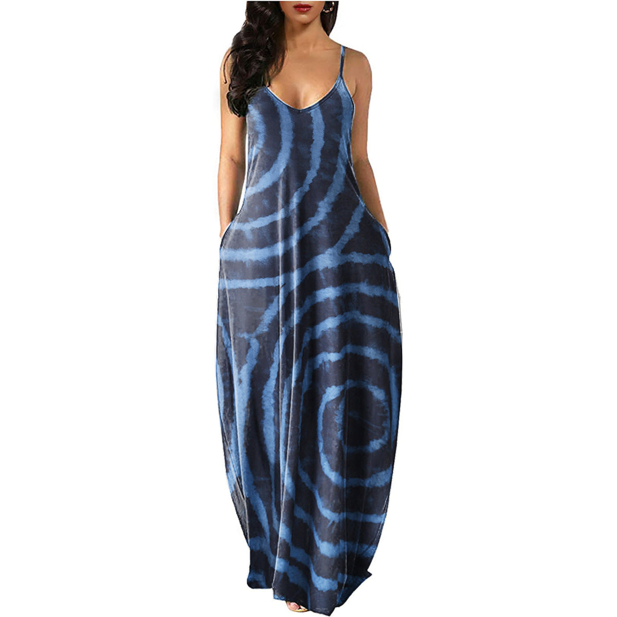 Swirly Circle Print Simple Flowy Bohemian Spaghetti Strap Maxi Dress With Pockets.