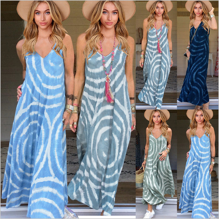 Swirly Circle Print Simple Flowy Bohemian Spaghetti Strap Maxi Dress With Pockets.