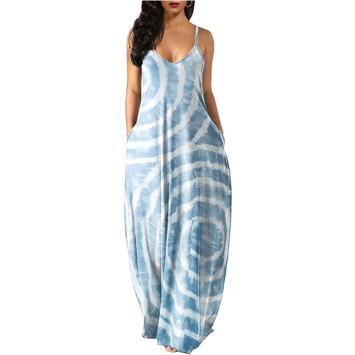 Swirly Circle Print Simple Flowy Bohemian Spaghetti Strap Maxi Dress With Pockets.