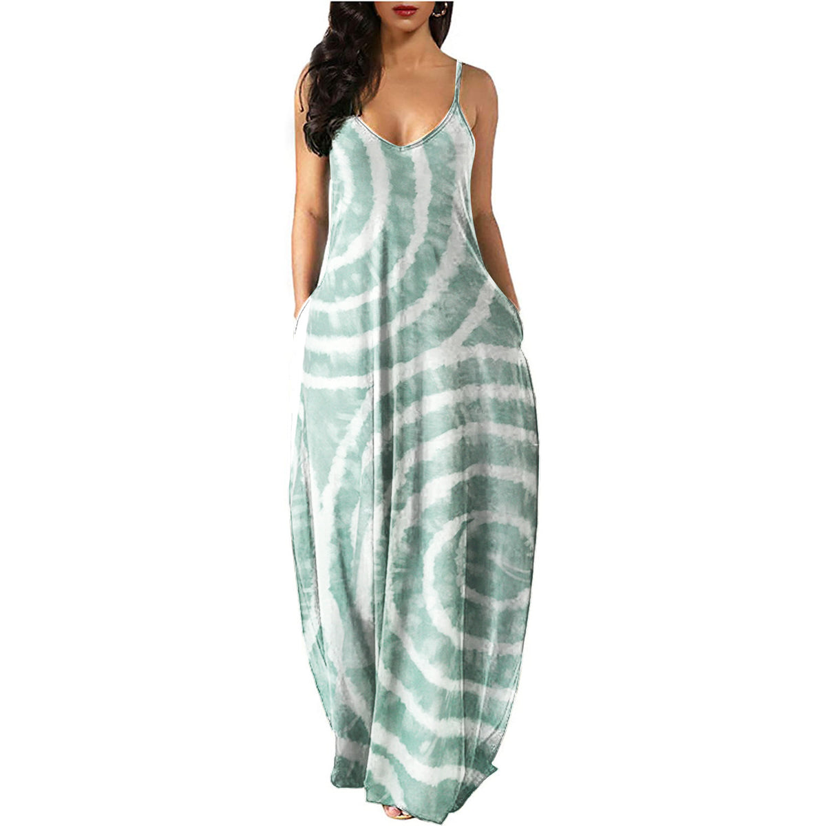 Swirly Circle Print Simple Flowy Bohemian Spaghetti Strap Maxi Dress With Pockets.