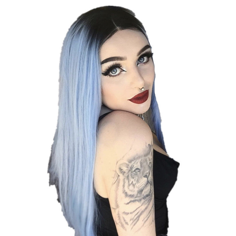 Dyed Long Straight Hair Black Root to Sky Blue Gradient Cosplay Wig