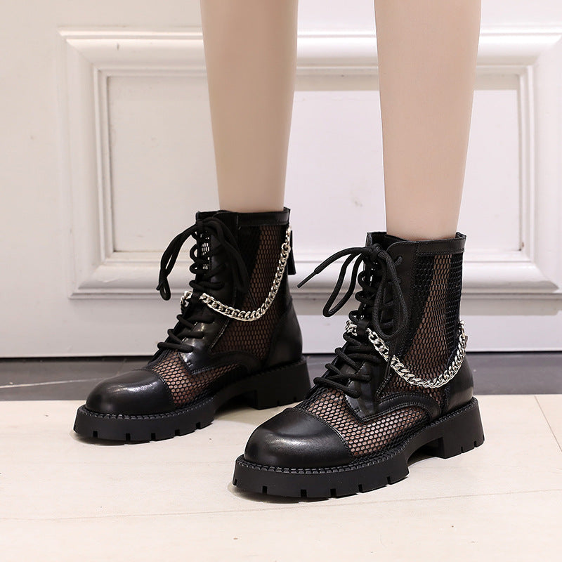 Mesh Fishnet Look Boots With Chain Detail