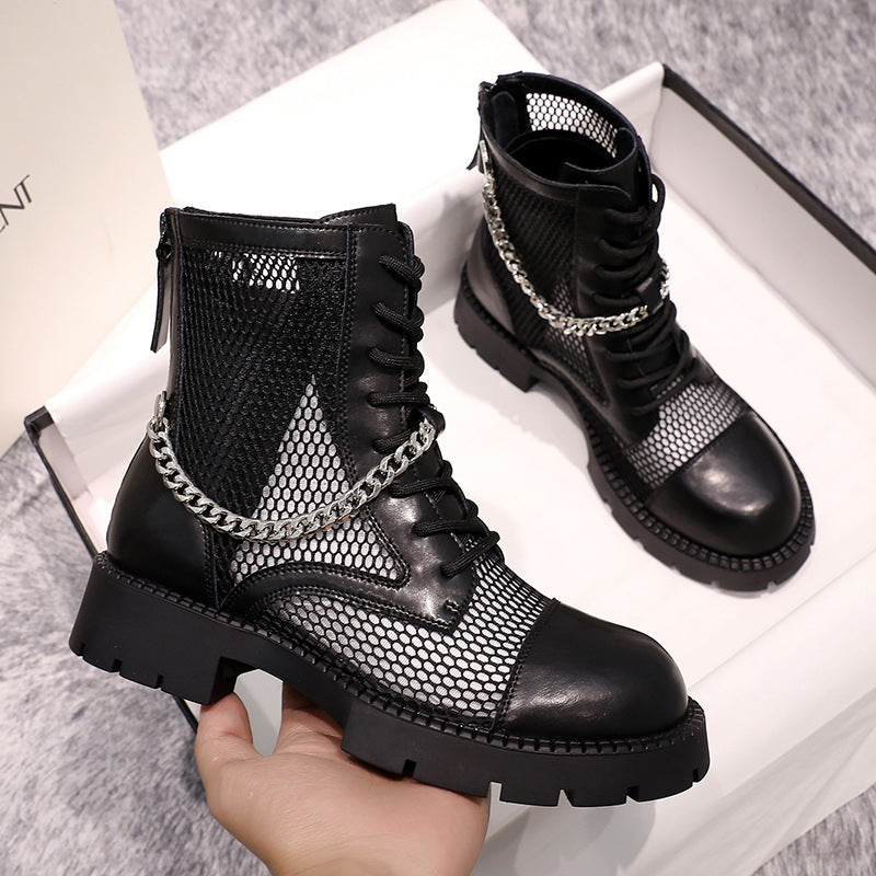 Mesh Fishnet Look Boots With Chain Detail