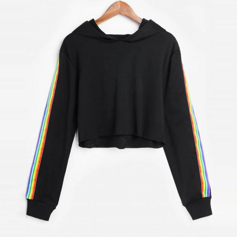 Rainbow Piping Cropped Hoodie Sweatshirt