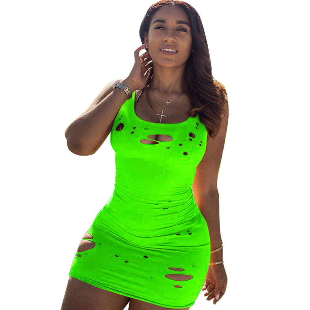 Neon Nights Sexy Distressed Ripped Tank Style Nightclub Festival Fashion Mini Dress