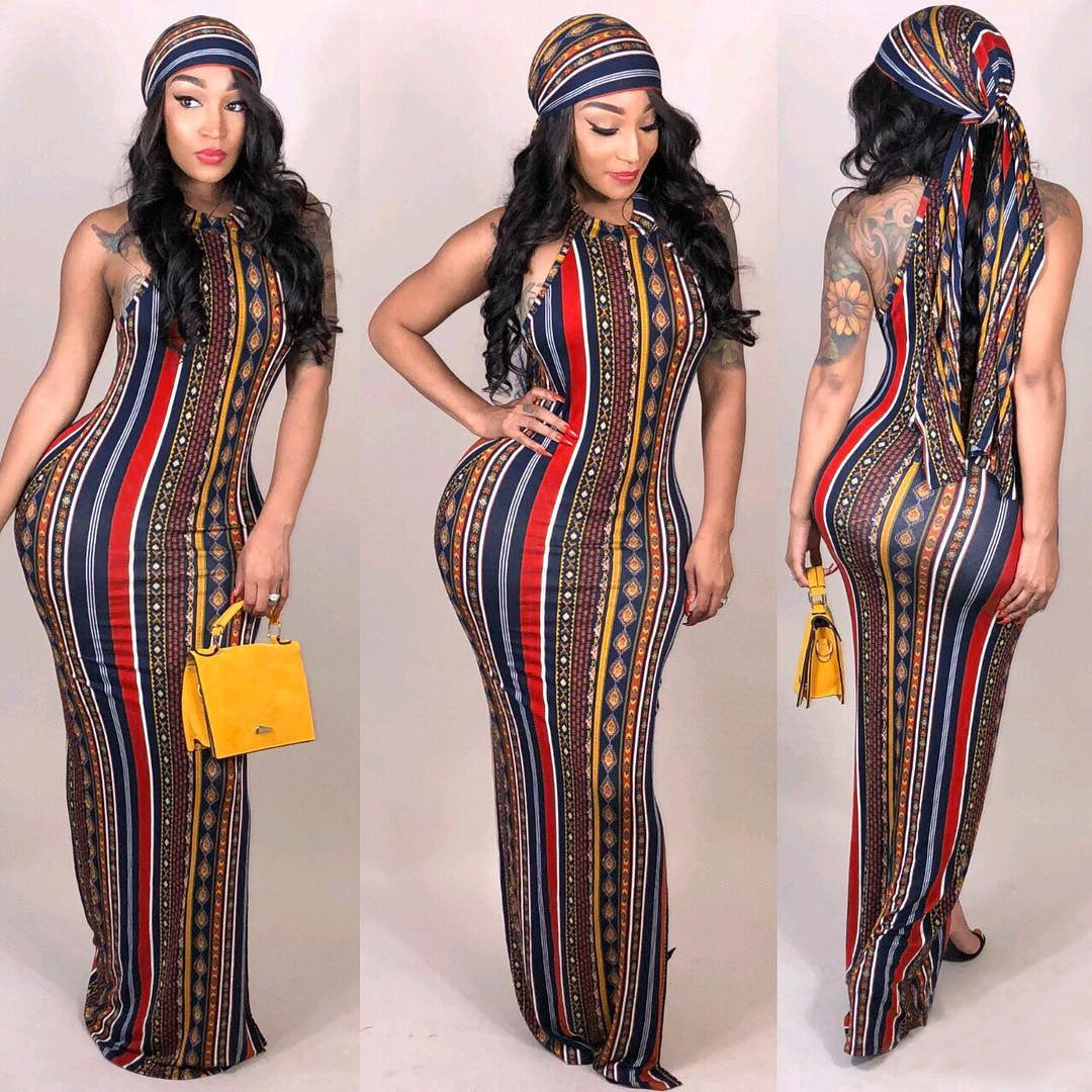 Slim Fit Sexy Vertical Striped Bohemian Print Maxi Dress