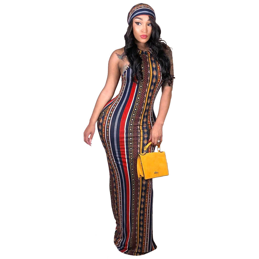 Slim Fit Sexy Vertical Striped Bohemian Print Maxi Dress