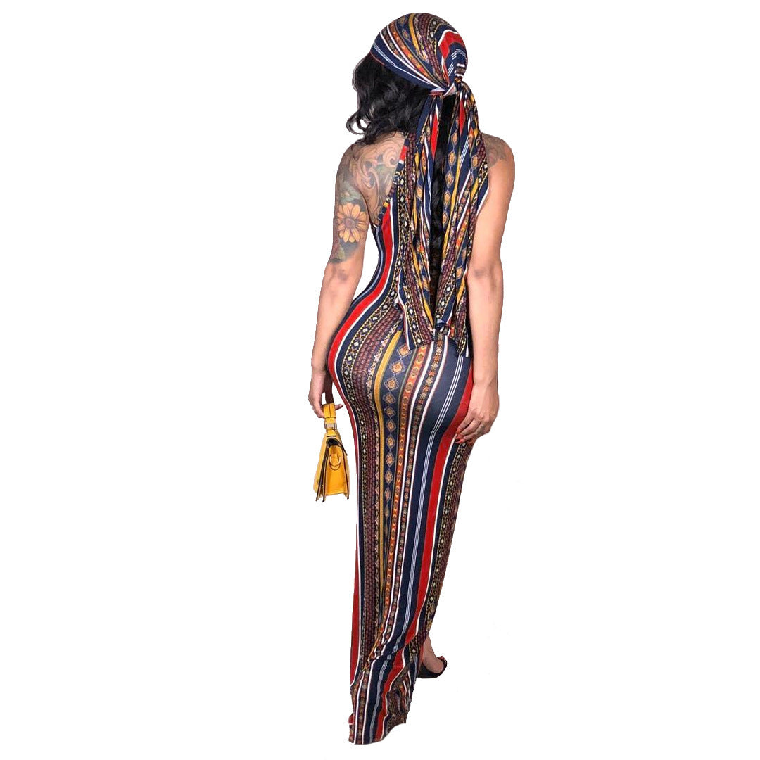 Slim Fit Sexy Vertical Striped Bohemian Print Maxi Dress