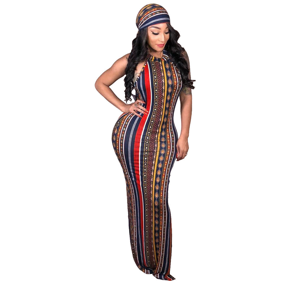 Slim Fit Sexy Vertical Striped Bohemian Print Maxi Dress