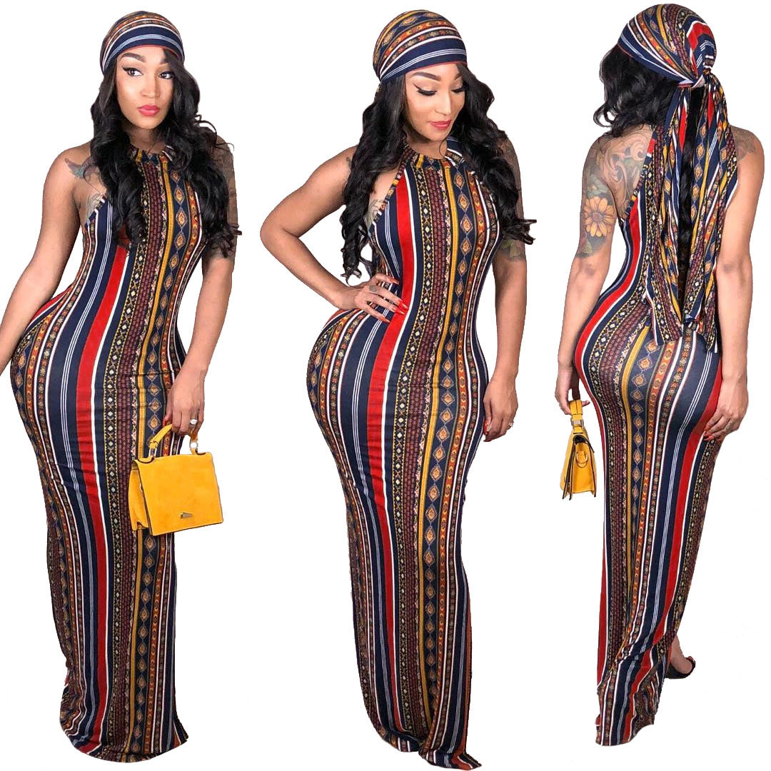 Slim Fit Sexy Vertical Striped Bohemian Print Maxi Dress